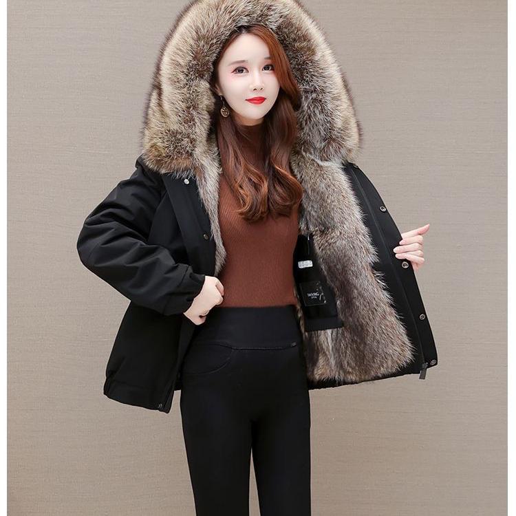 Winter Women's Parka Faux Mink Inner Detachable Short Faux Fur Coat Thick Warm Hooded Parka