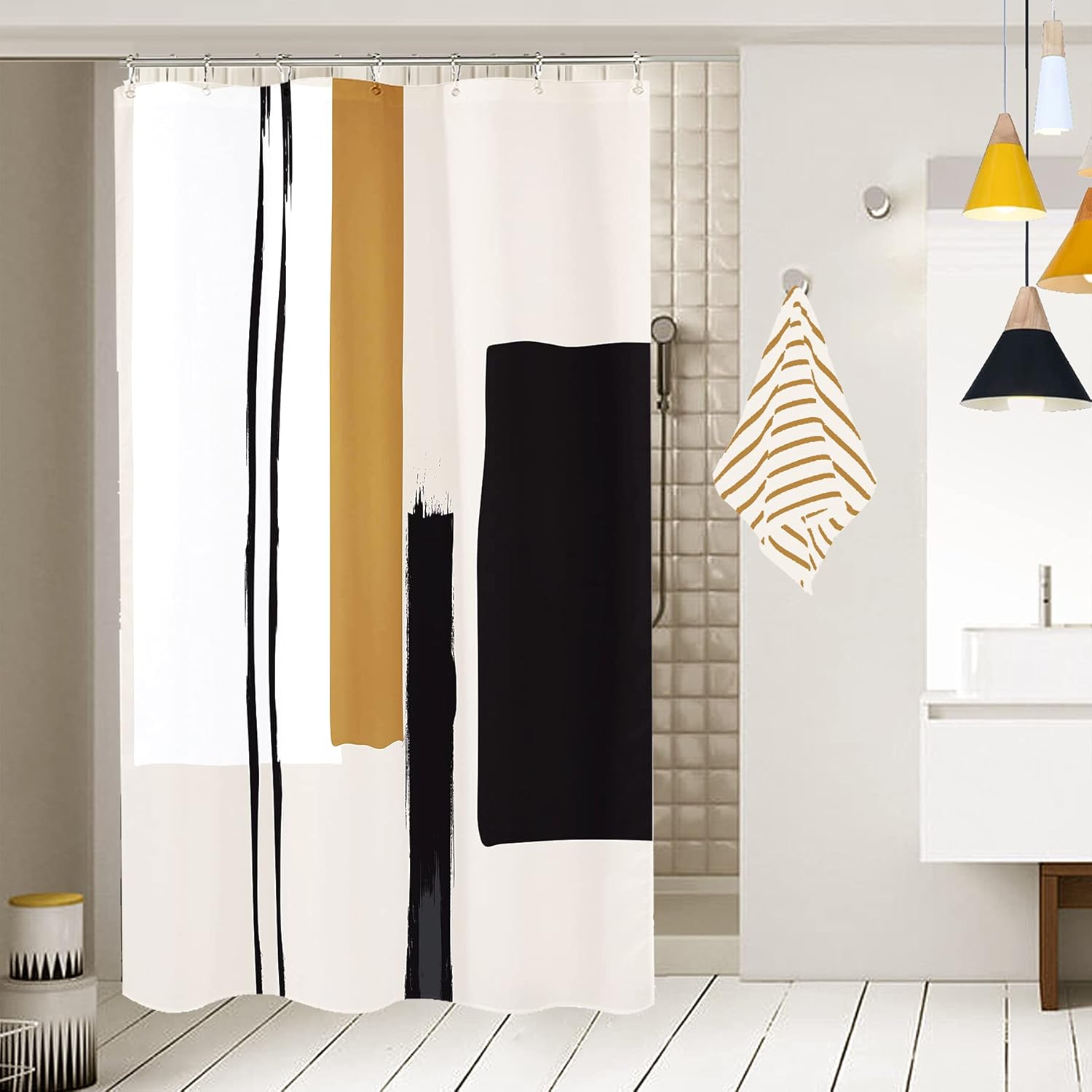 

Abstract Geometric Neutral Bathroom Shower Curtain Black Beige Painting Minimalist Modern Tan Contemporary Striped Polyester W60H190(CM)-1 Pcs