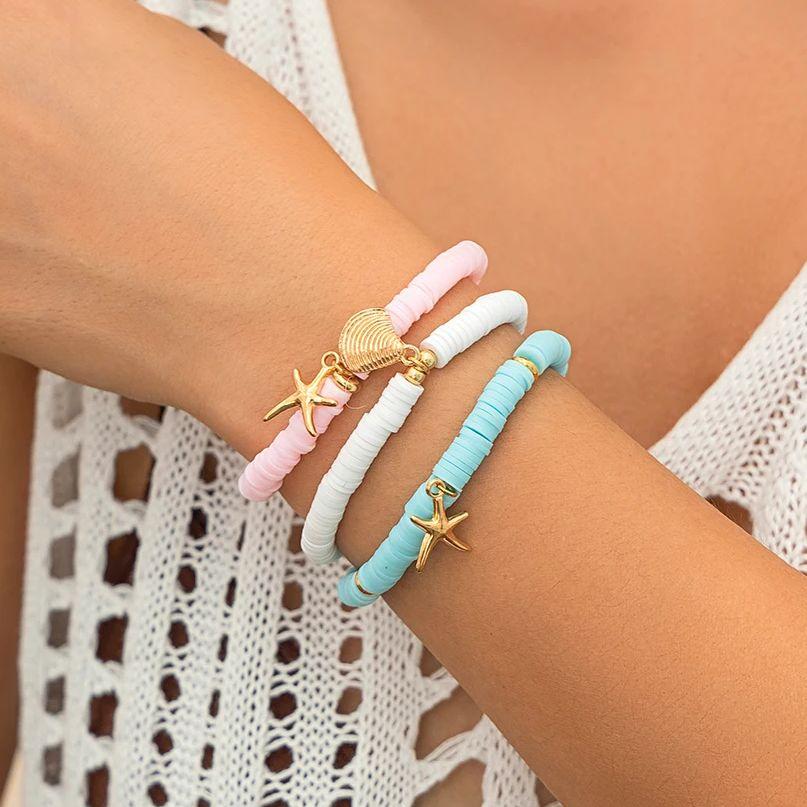 SHIXIN 3Pcs Bohemian Colorful Soft Pottery Beaded Bracelet Set for Women Beach Conch Starfish Charm Bangle Girls Fashion Jewelry