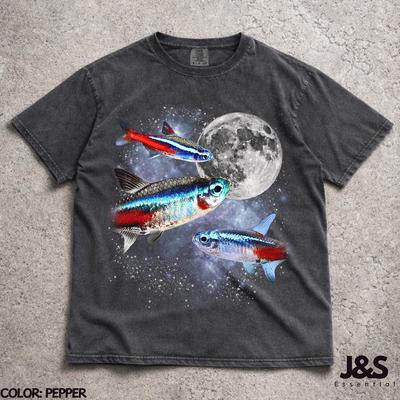 Three Neon Tetra Moon Shirt, Paracheirodon Innesi Galaxy Tee, Aquarium Hobbyist Gift, Vintage Wash Retro Fish Top, Aquatic Pet Lover Graphic