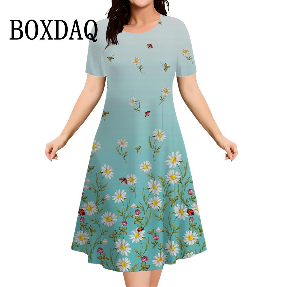 Women s Summer Floral Print Short Sleeve Dress New Fashion Loose Mini A-Line Dress S