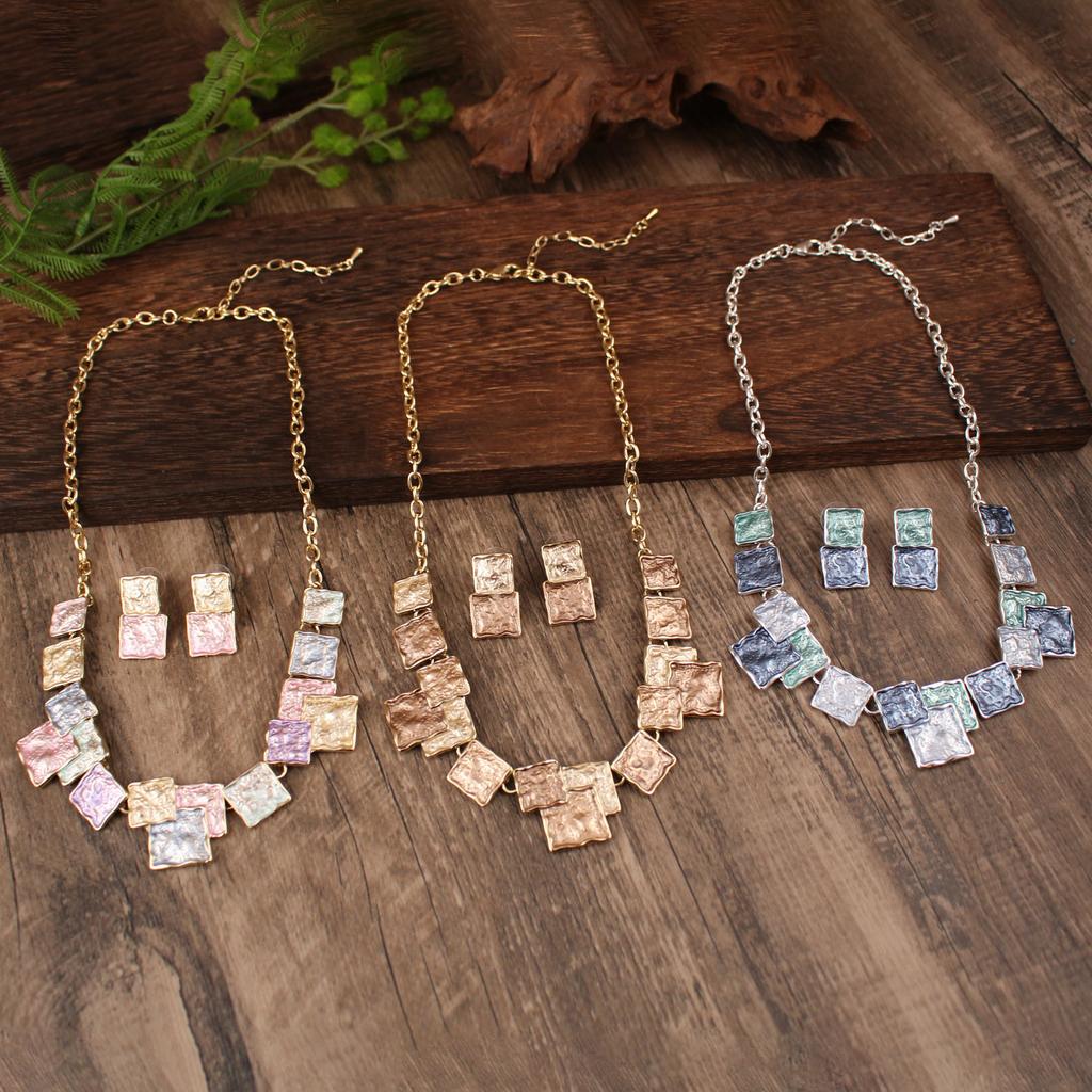 Colored Oil Geometric Square Earring Necklace Set