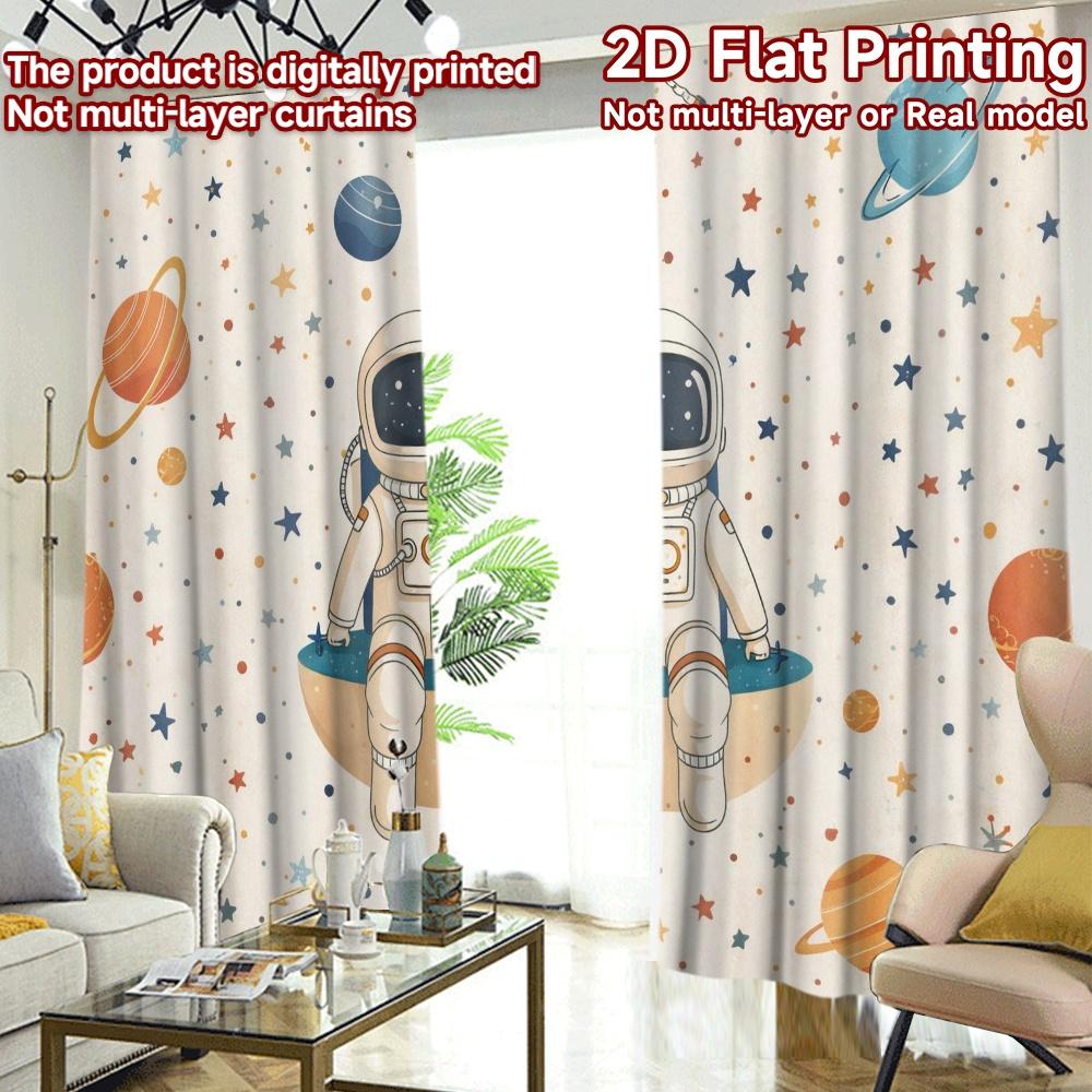2D FLAT PRINTING 2pcs Curtains (Without Rod) Astronaut Among Stars Popular Window Curtain Fabric Curtains Gift for Living Room,