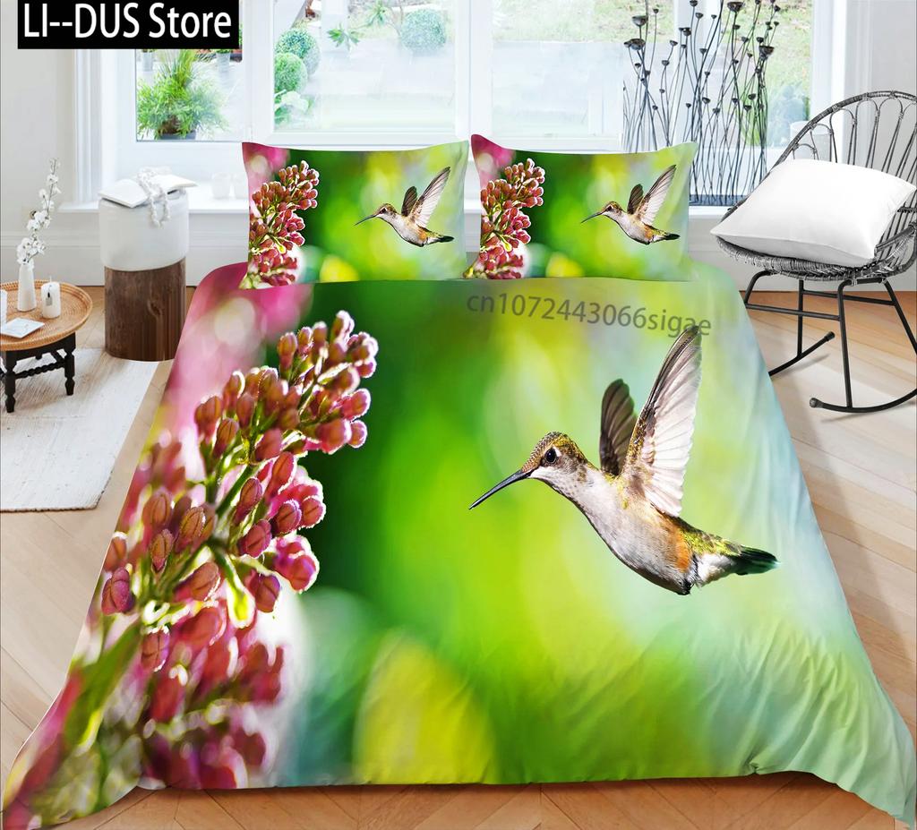 Kolibri påslakan Set King/Queen Storlek Liten Och Söt Tropisk Fågel Gul Blomma Gröna Blad Sängkläder Set Kvinnor