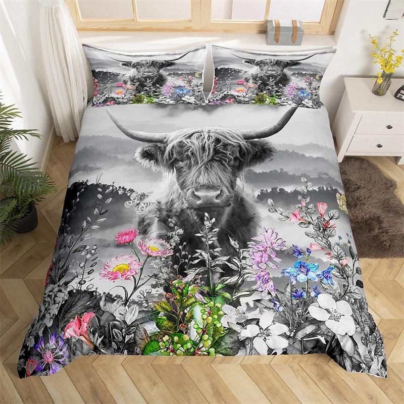 Highland Cow Bedding Set Polyester Bull Cattle Flowers Quilt Cover Western Wild Animal Duvet Cover Farmhouse Cow Bedspread Cover