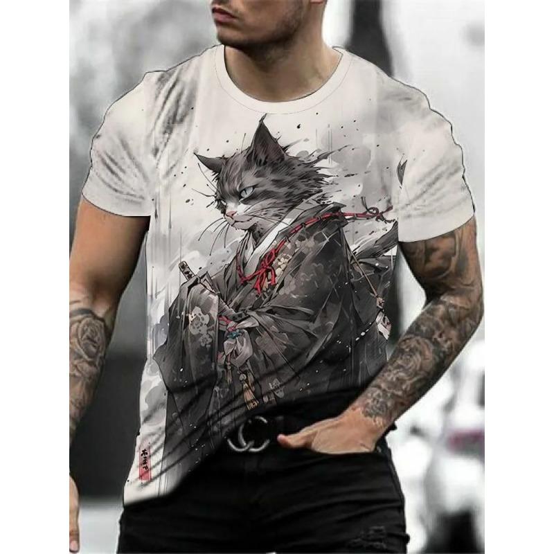 Men's TShirt Style Samurai Cat Graphic 3D Printed T-Shirt Casual Short Sleeved Tee Ersized Men Clothing Tshirt