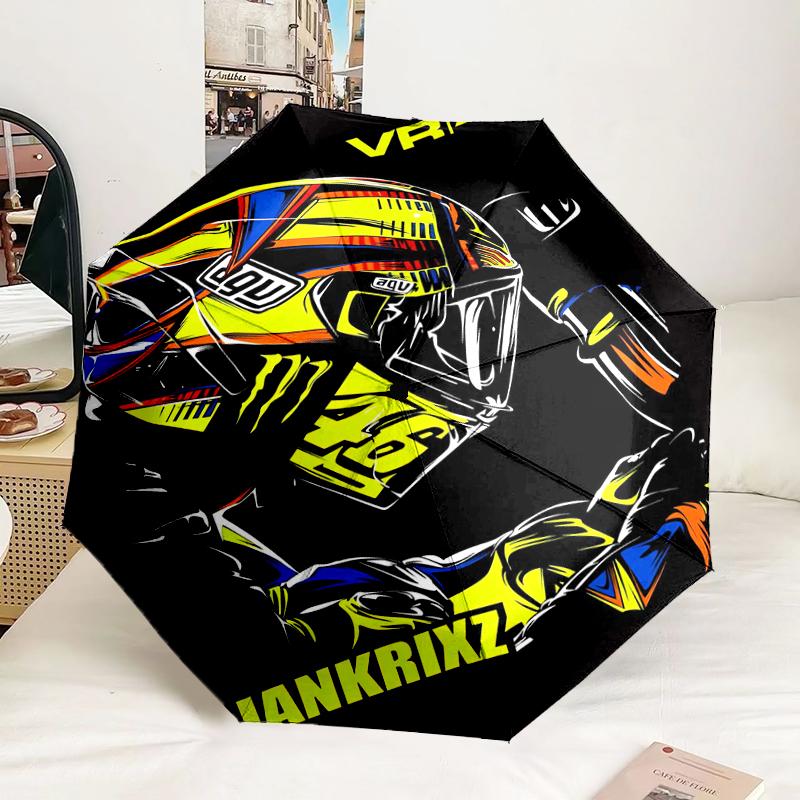 Rider Speeding Through Neon Light Automatic Folding Umbrella - 8-Rib Travel Umbrella with Auto Portable Case, Ideal Gift for Birthdays