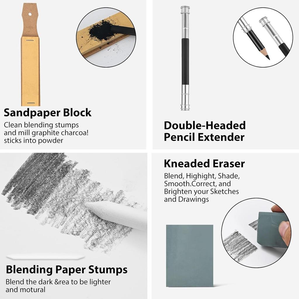 22-Piece Drawing Kit Sketch Pencils Set - Graphite Pencils (6H-10B) Black and White Charcoal Pencil Charcoal Sticks - Drawing Pencil Kit for Artists