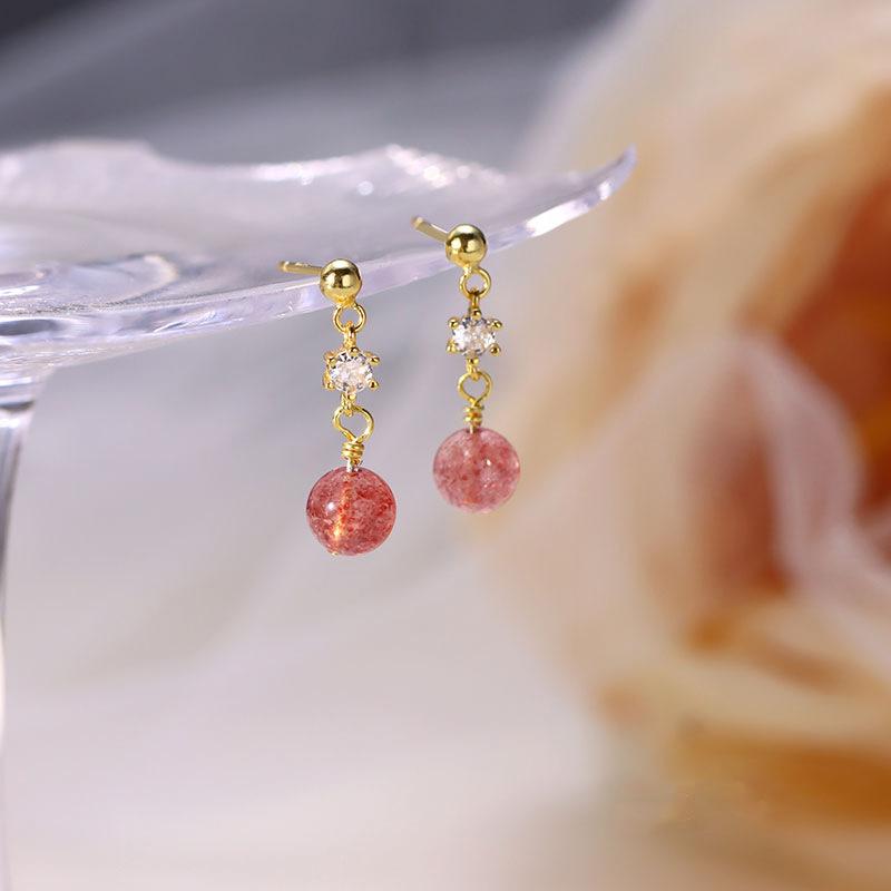 Diamond Pink Strawberry Crystal Earrings Light Luxury Cold Wind Fashion French Sweet Temperament Stud Earrings Recruit Peach Blossom