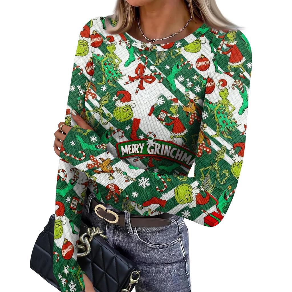 Women's Slim Fit Base Layer T-Shirt, Christmas Graphic Long Sleeve Crewneck Top with Thumb Holes