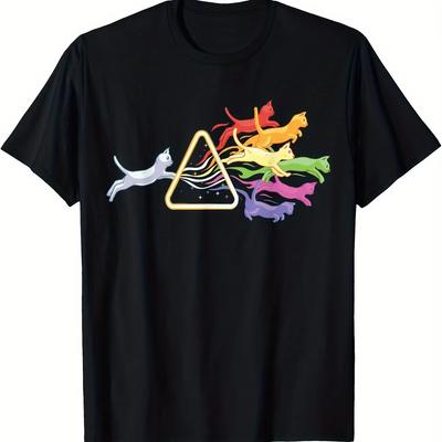 Unisex Funny Prism Rainbow Cat Graphic Tee Physics Science Theme Comfort Casual Short Sleeve Tshirt