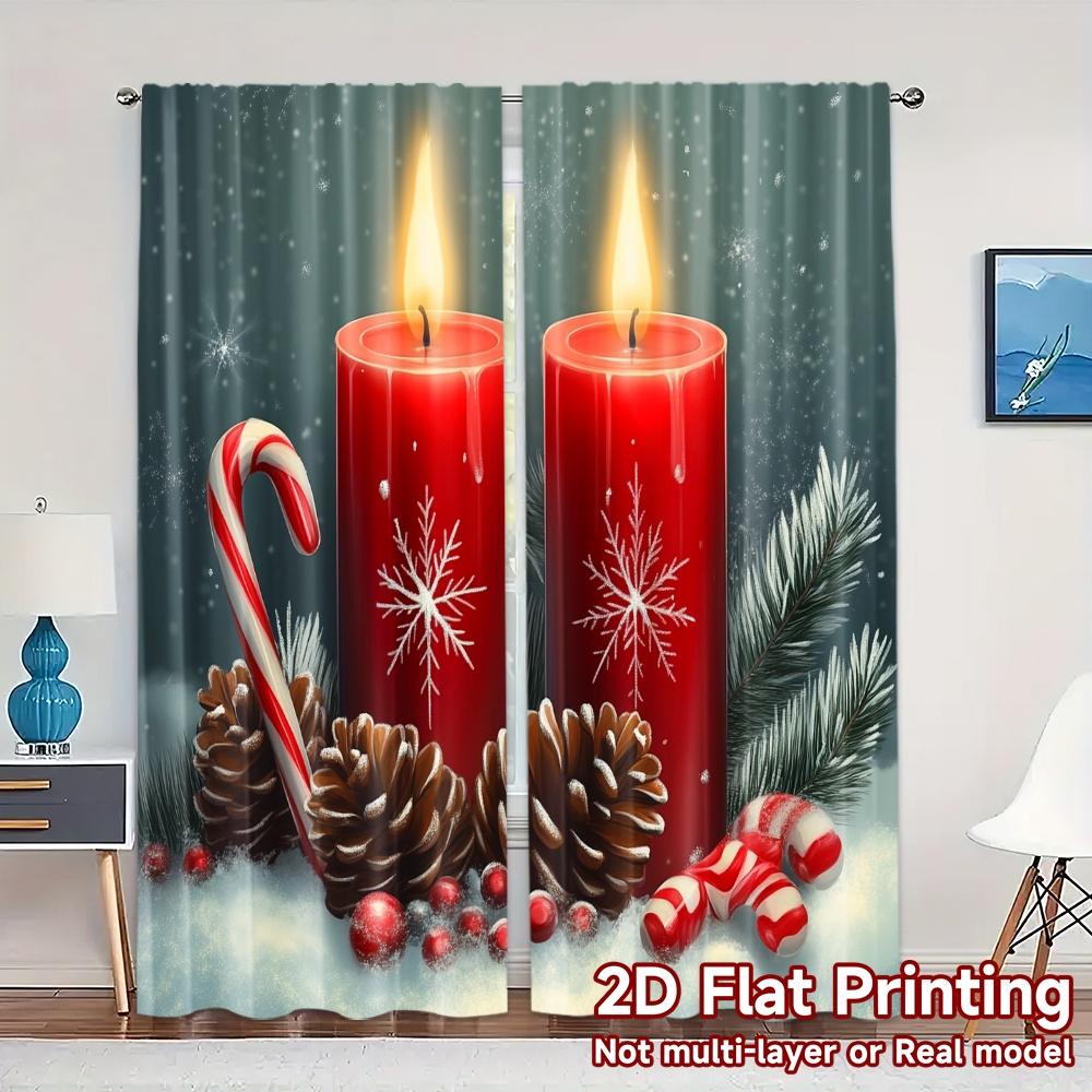 

Set Of 2 Modern Curtains Christmas Candles Festive Pinecones Pattern Fabric Insulation Room Curtain With Thermal Polyester W100*H70(CM)-Grommet top&2PCS