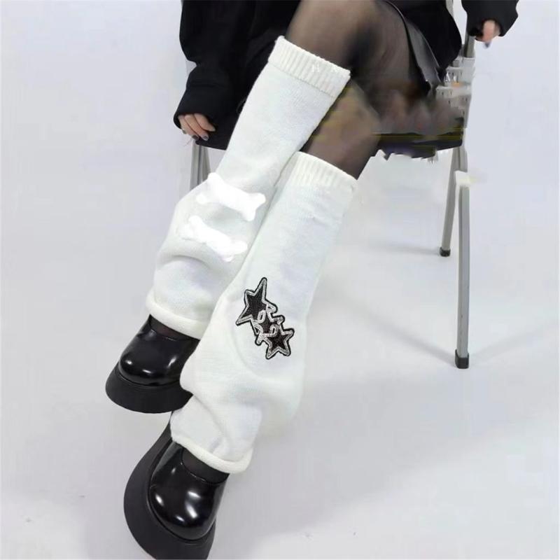 Girls Lolitas Leg Warmers Y2K Star Knitted Flared Leg Sleeves Goth Baggy Cuffs Ankle Heap Socks JK Uniform Foot Cover