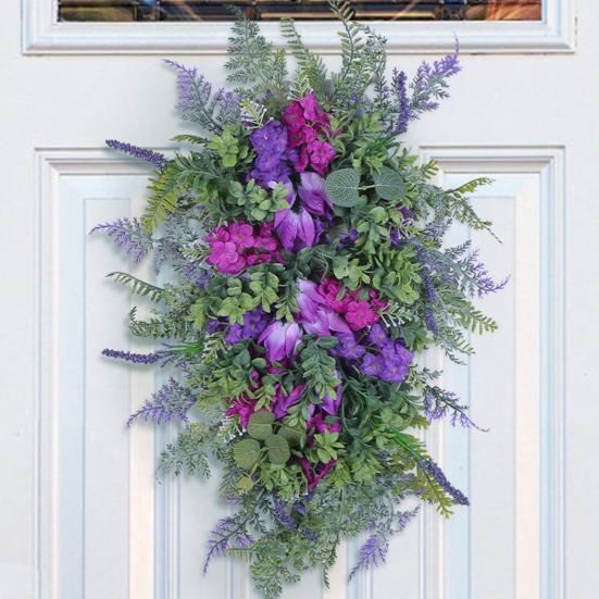 Purple Tulip Wreath with Hydrangea & Hyacinth Artificial Flower Lavender Garland Realistic Spring-Summer Floral Decor for Door Wall Home & Party