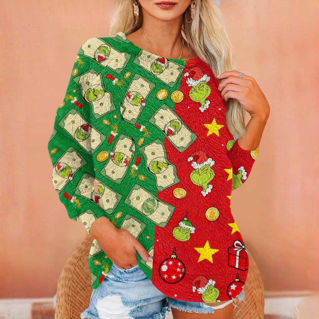 Women's T Shirt Flannel Print Tunic Long Sleeve Party  Round Neck  Tops