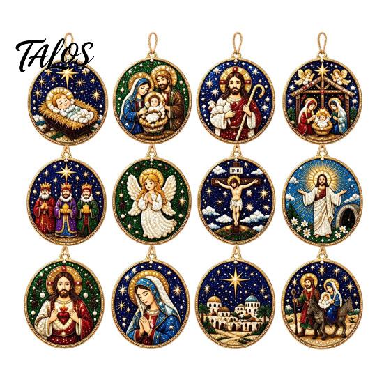 Festive Home Decoration 12PCS Christmas Tree 2D Flat Pendant, Pearl Acrylic Art Kits, Bright Fireplace Holiday Decor Color Classic Patterns