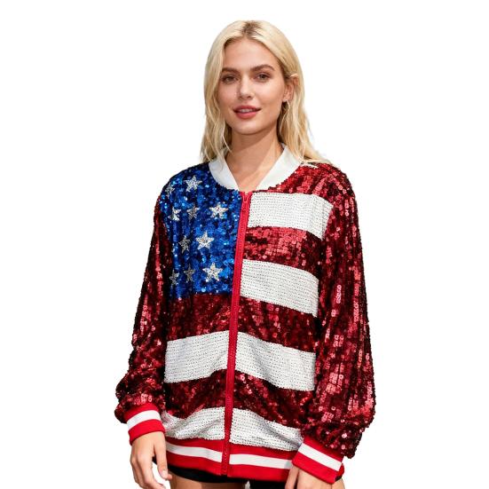 Womens Sequin Jacket U.S. Flag Red Blue White Glitter Zip Up Coat Casual Long Sleeve Color Block Sweatshirt Top