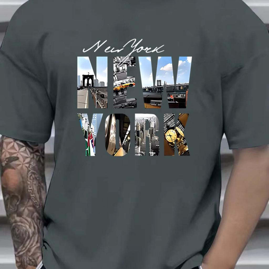 Mens Summer Cotton Fashion Casual Loose New York Pattern Print Sports Round Neck Shortsleeved Tshirt Top Casual Comfortable