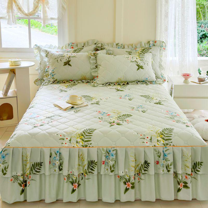 Fustă de pat prințesă matlasată cu dantelă în stil coreean – Cuvertură de pat groasă, din mătase periată, rezistentă la praf