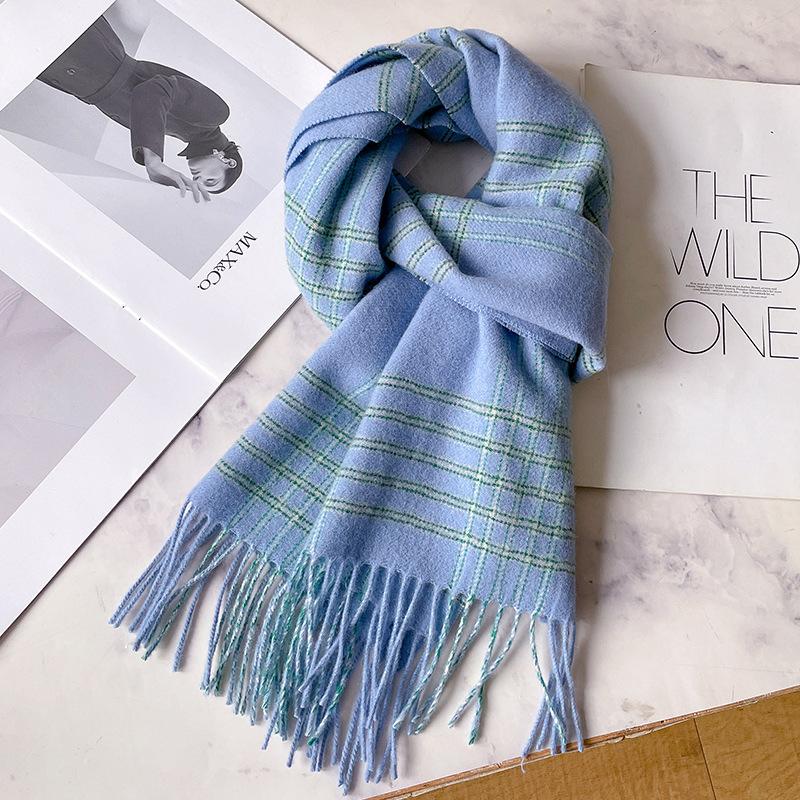 Cool blue pure wool scarf women's winter thickened plaid scarf men's long warm haze blue shawl