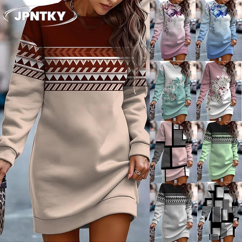 JPNTKY Fashion Autumn Winter Long Sleeve O-Neck Casual Dresses