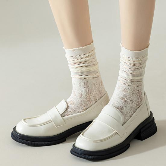 1 Pair Women Socks Hollow Lace Solid Color Mid-tube Thin Anti-slip High Elasticity Sweat-absorption Anti-shrink Daily Piled Socks