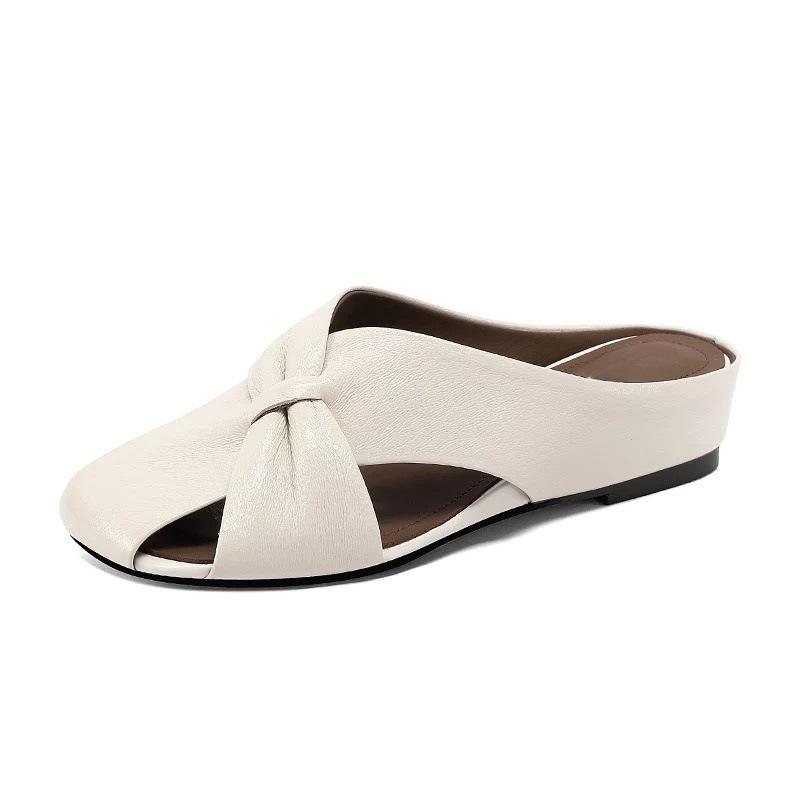 

Sheepskin Summer Outer Wear Casual Mueller Slippers Hollow Out Baotou Sandal Slippers Comfortable Round Head Slope Heel Shoes 40 бежевий