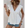 V Neck Lace Short Sleeve Hollow Out Sweet Blouse Women Fashion Summer Solid Color Shirts Ladies Loose Slim Fit Tops Elegant Clothing