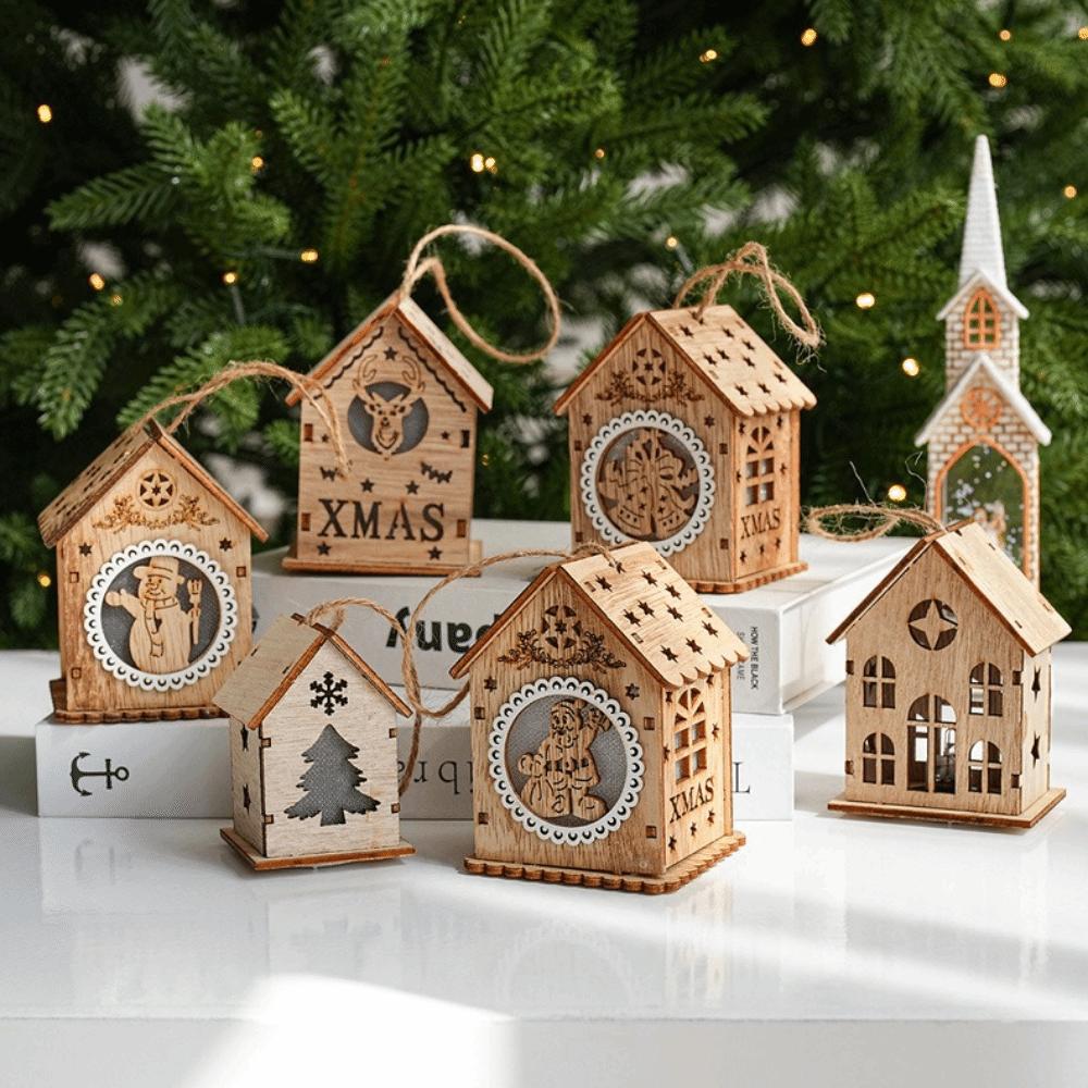 House Shape Light Decor Wood Material Hanging Charm Exquisite Christmas House Ornament Home Layout