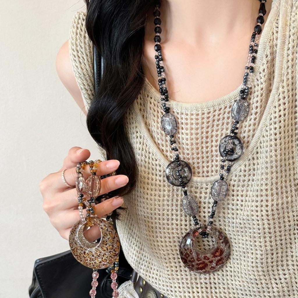 Plastic Glass Leopard Print Round Pendant Necklace Niche Ethnic Style Temperament Collarbone Chain Fashion Personality Versatile Jewelry