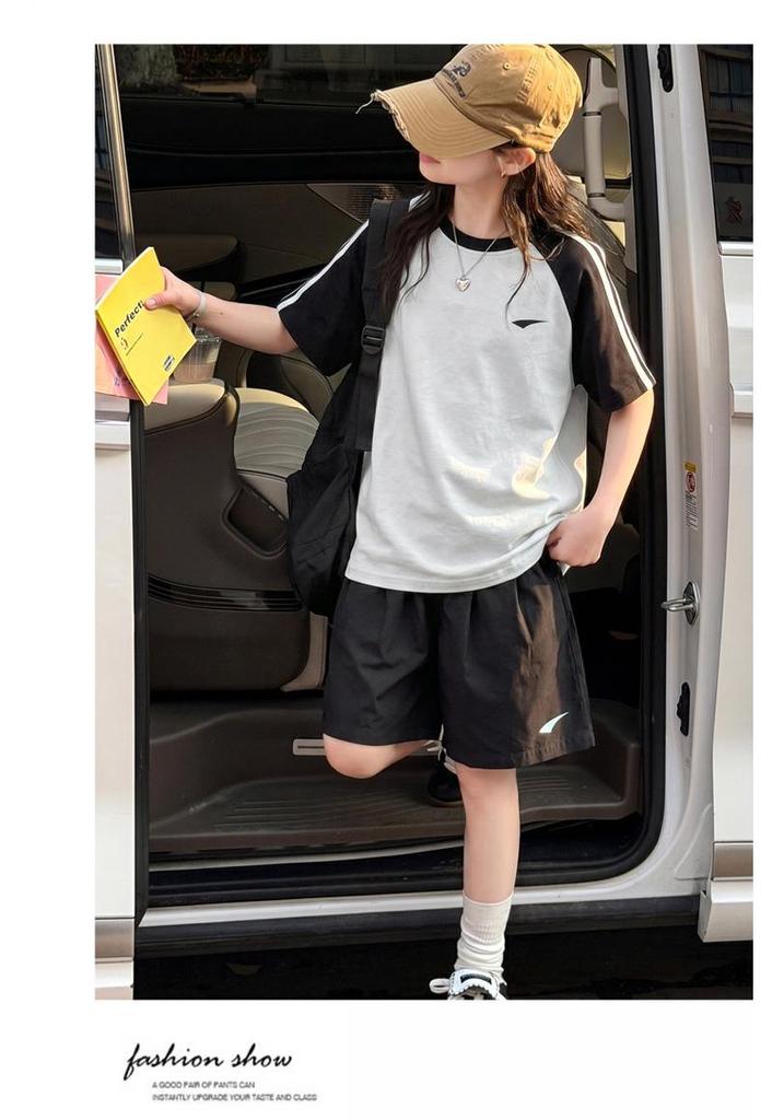 Girls' Patchwork Short-Sleeve T-Shirt & Shorts Set 2026 - New Style for Ages 8-14 Daily Wear