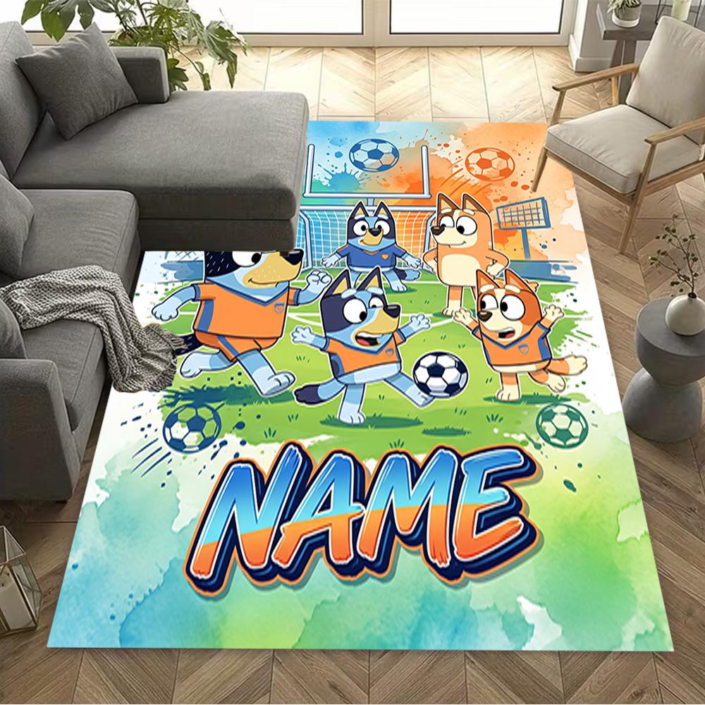 Bluey Soccer Fun Personalized Name Area Rug Design for Dining Room Balcony Dormitory Decorate room Anti-slip Rug Anime Office Decor Best for Christmas