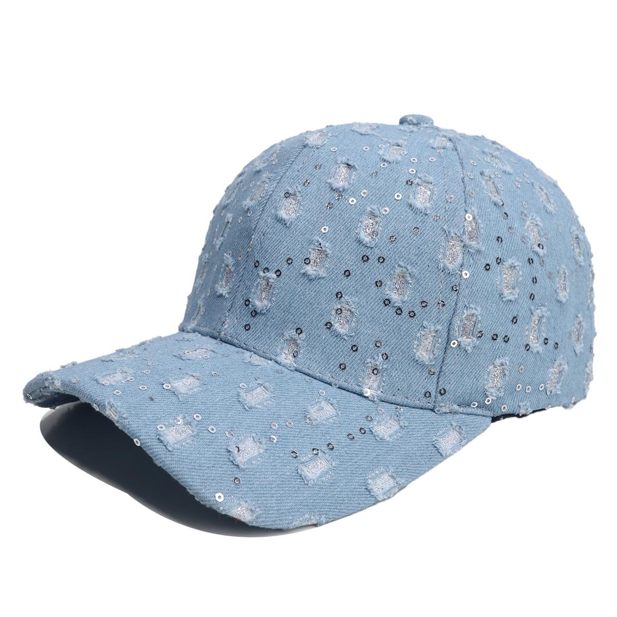 Korean Fashion Sequin Ripped Denim Duckbill Cap - Sun Protection & Versatile Style Medium (56-58cm)