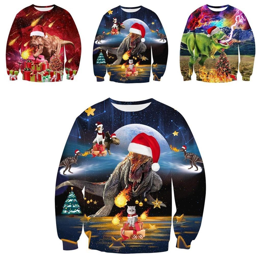 Suéter de Natal Feio Aconchegante e Festivo com Design de Dinossauro para Mulheres e Homens