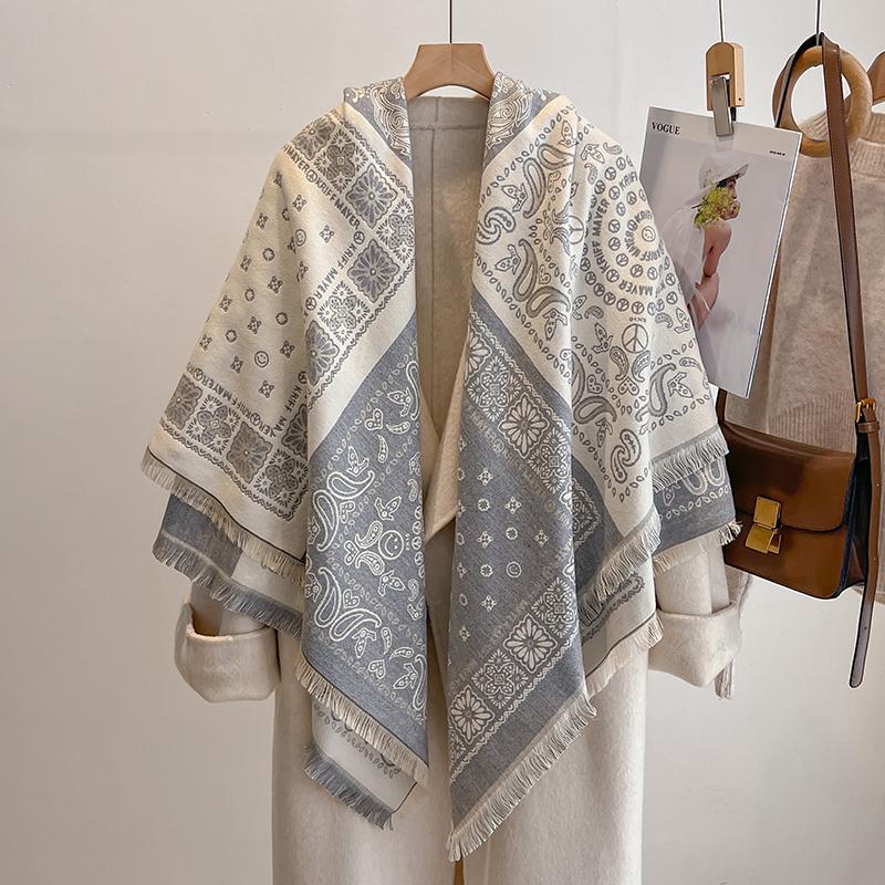 Luxury Winter Cashmere Scarf For Women - Retro Printed Shawl With Tassels, Warm Pashmina Wrap & Bandana Poncho