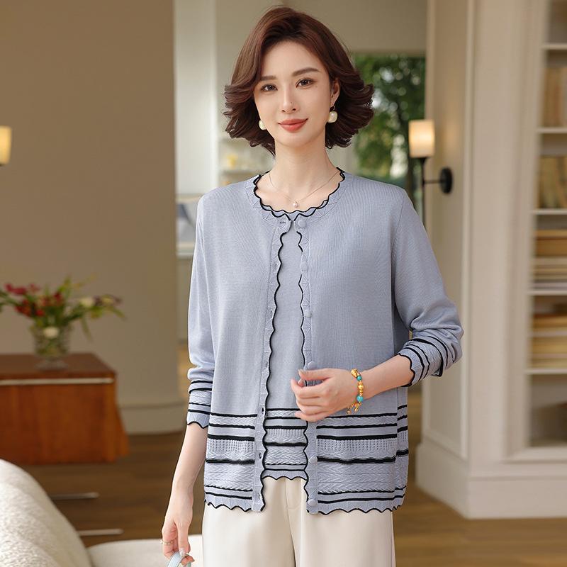 

Spring Knit Two-Piece Set: Lightweight Cardigan and Short-Sleeved Top for Middle-Aged and Elderly Women XL (105-120 Jin)