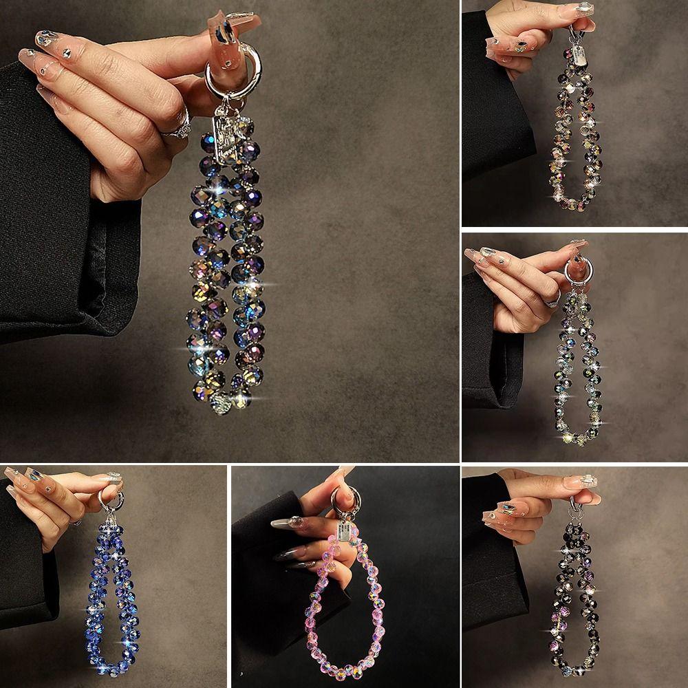 Stylish Glitter Crystal Bead Pendant Transparent Detachable Crystal Bead Keychain Colorful Phone Lanyard for Women Girls