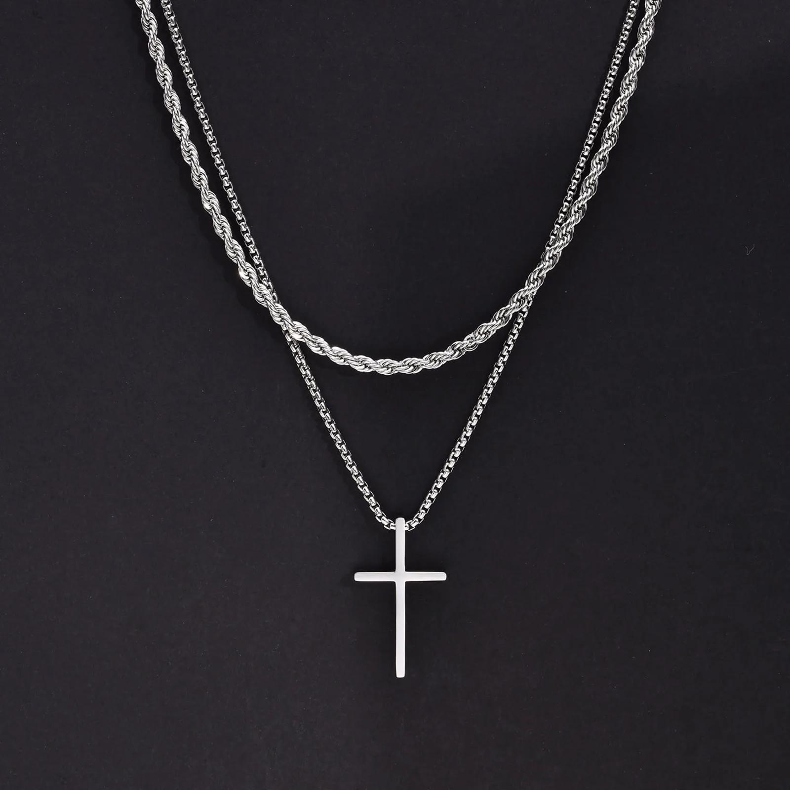 

2Pcs Stainless Steel Cross Pendant Necklace For Men Titanium Steel Twisted Rope Box Chain Choker Women Punk Fashion Jewelry серебряный