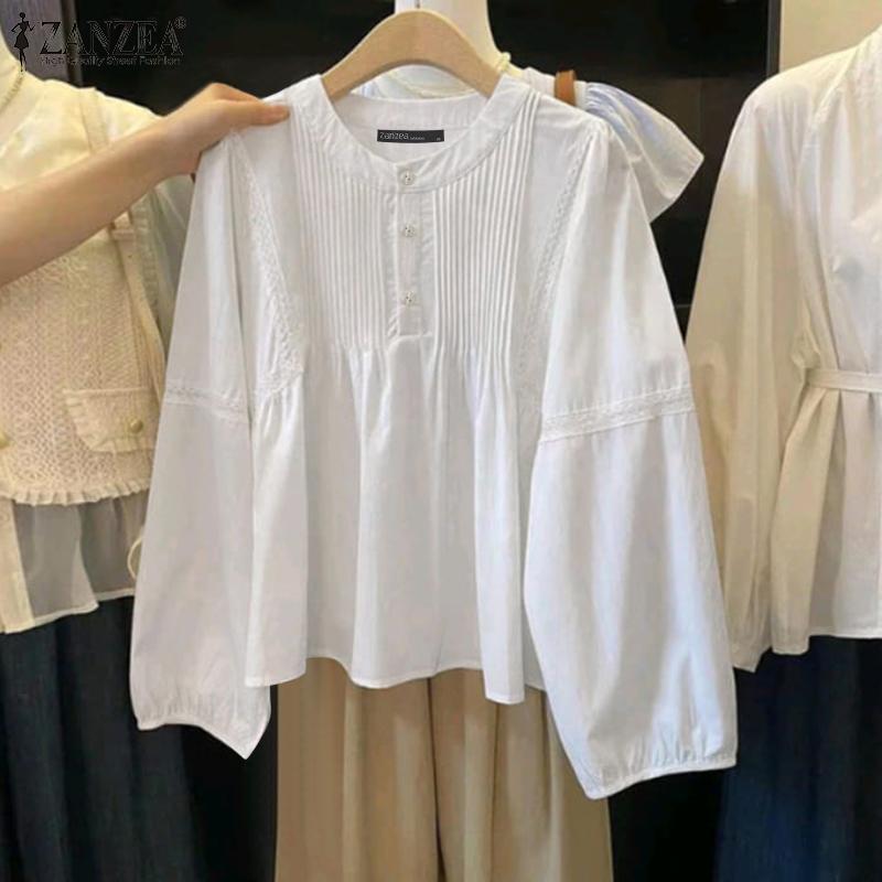 

ZANZEA Women Casual Stand Collar Long Sleeve Solid Color Blouses XL білий