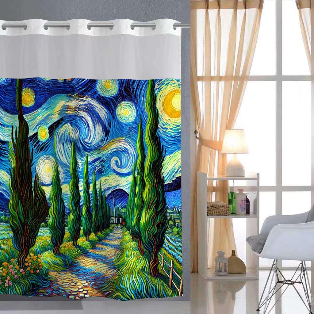 No Hook Sky Colored Drawing Shower Curtain With Snap-in Fabric Liner Sheer Top Window, Double Layer Bathtub Curtain