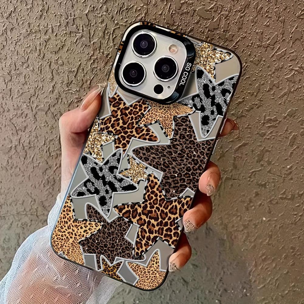 Material Phone Case for iPhone 16 17 Cases iPhone 16e 15 14 13 12 11 Pro Max XS X XR 7 8 Plus Black Leopard Print Star Cover