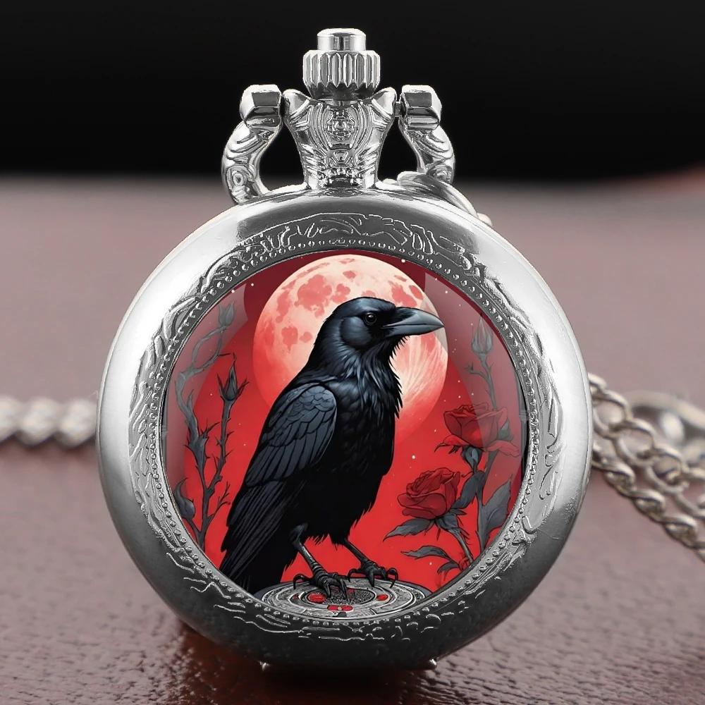 10pcs/lot Raven Red Moon Rose Black Quartz Pocket Watch Vintage Women Necklace Arabic Chain Clock Men Gifts Relgio