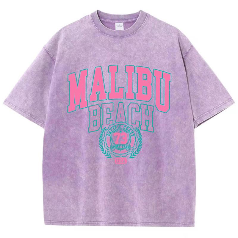 Malibu Beach Letter Printing Washed T-Shirts Street Womens Cotton Tops Loose O-Neck Clothes Casual Female Streetwear