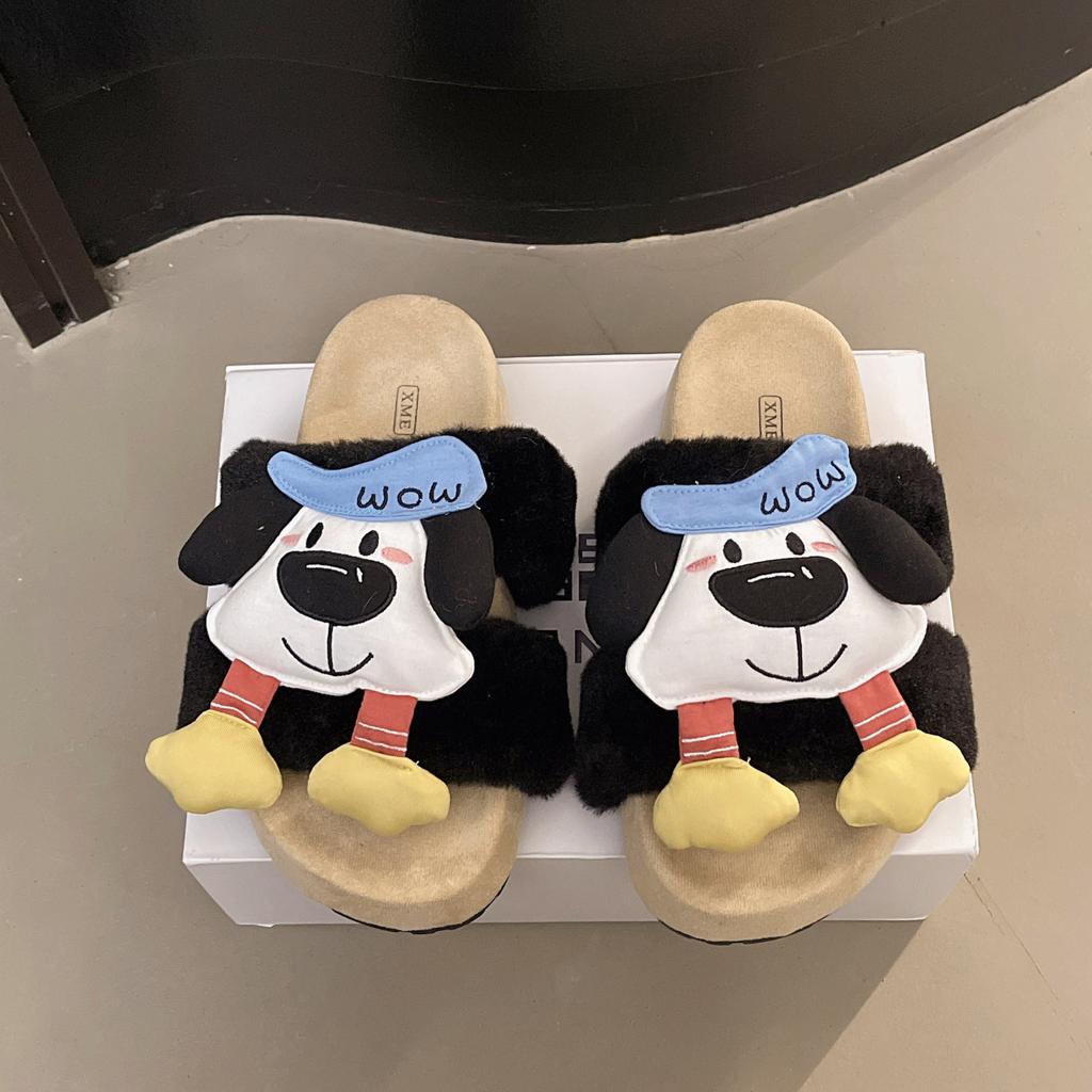 Ka Ai cartoon puppy fluffy slippers women's outer wear 2025 autumn and winter new thick-bottomed fashion lazy one-word cotton slippers