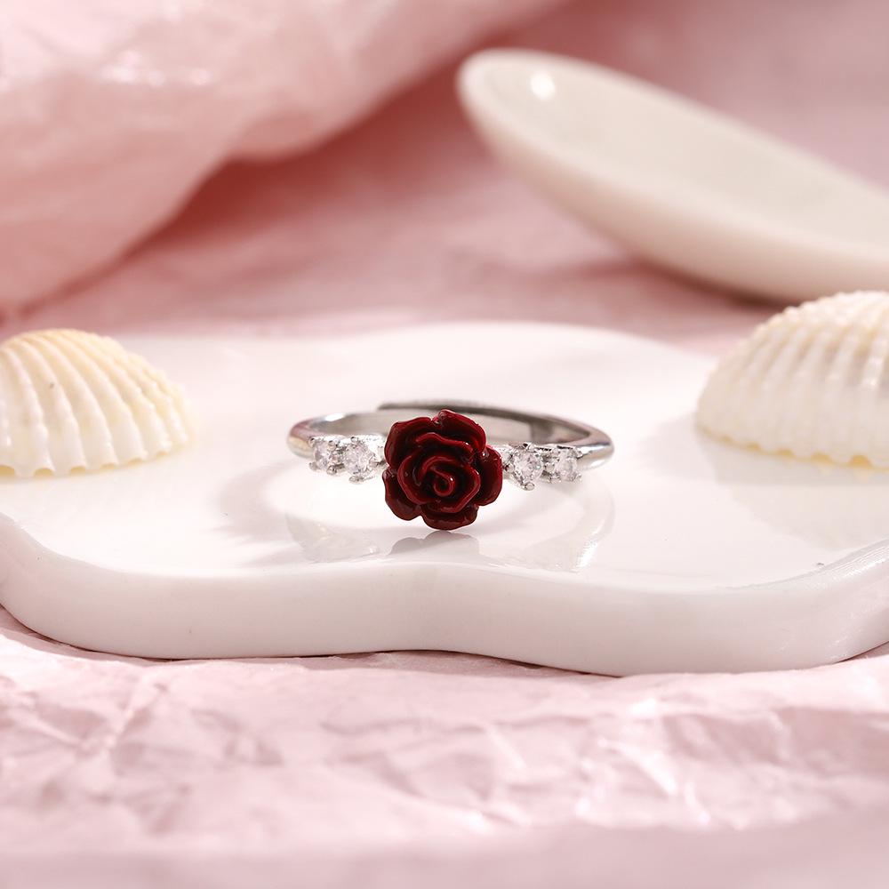 Red Rose Cinnabar Camellia Diamond Ring: Unique Birthday Gift for Girlfriend