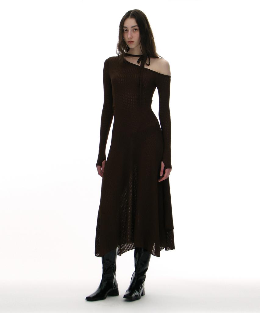 Partimento Woman Jacquard Tie-Neck Midi Dress_Brown