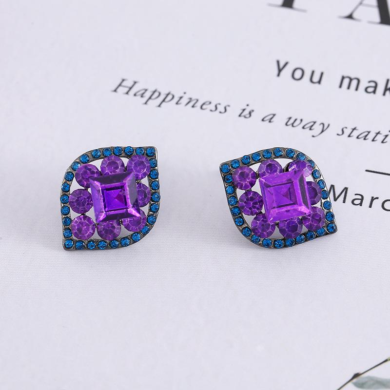 Stylish European & American Rhombus Faux Diamond Stud Earrings in Trendy Purple