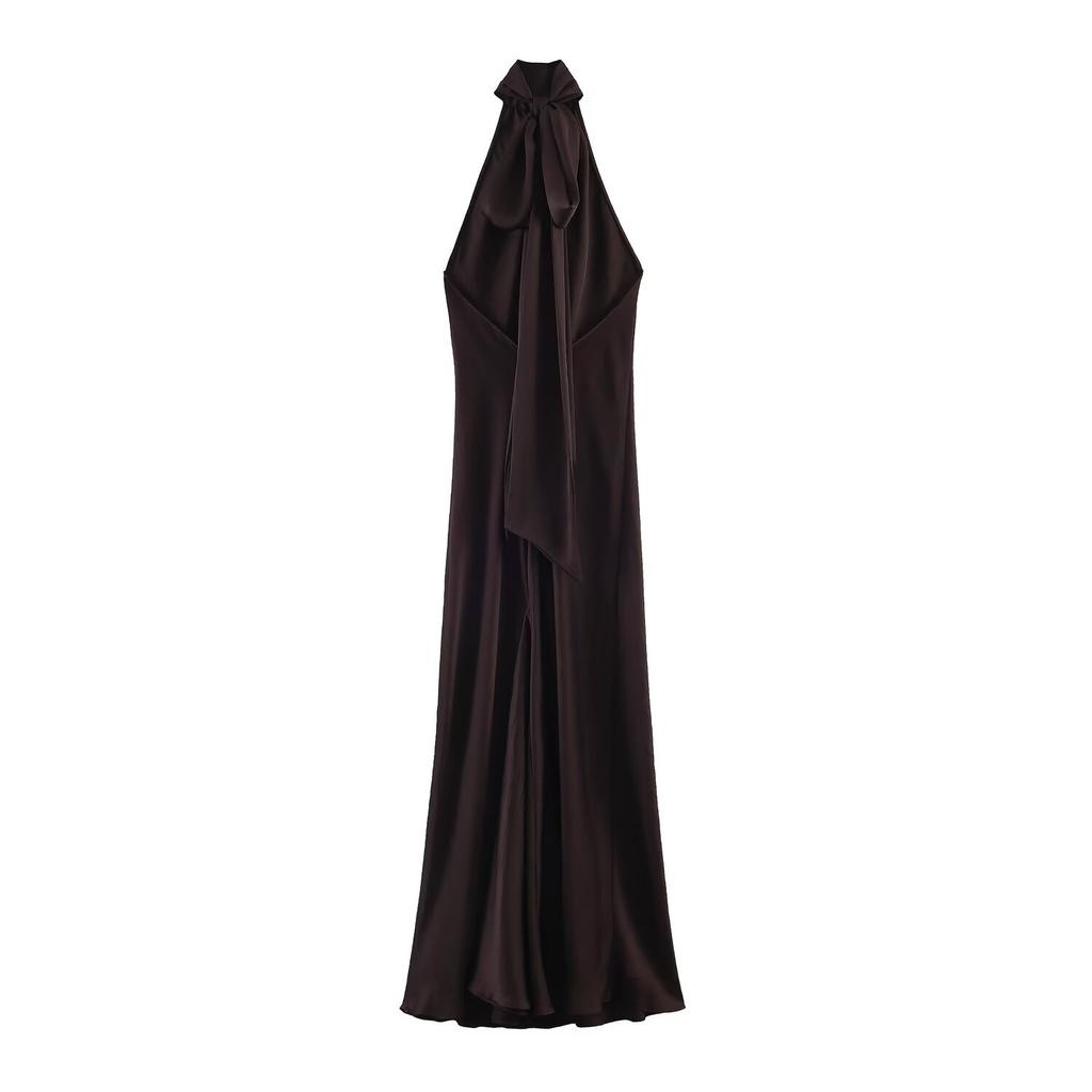 Autumn European and American women's clothing silk satin texture neck collar dress