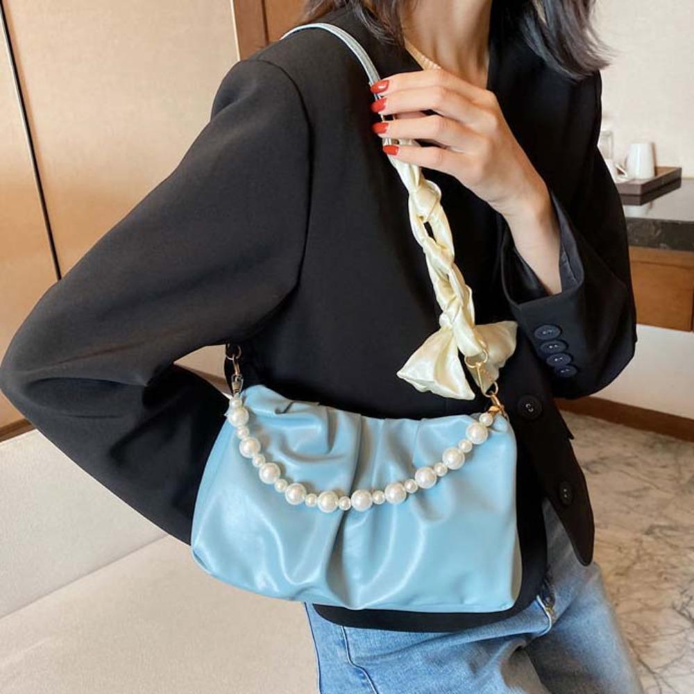 PU Leather Pearl Chain Bag Korean Style Bow Handbag Trendy Pleated Shoulder Bag Unisex