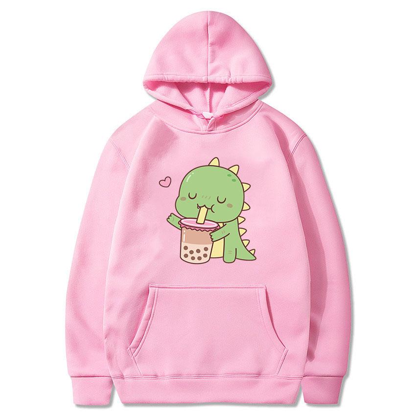 Bubble Tea Kawaii Dinosaur Print Hoodies 2021 Woman Man Autumn Hooded Clothes Milk Tea Pullover Female Hip Hop Casual Streetwear